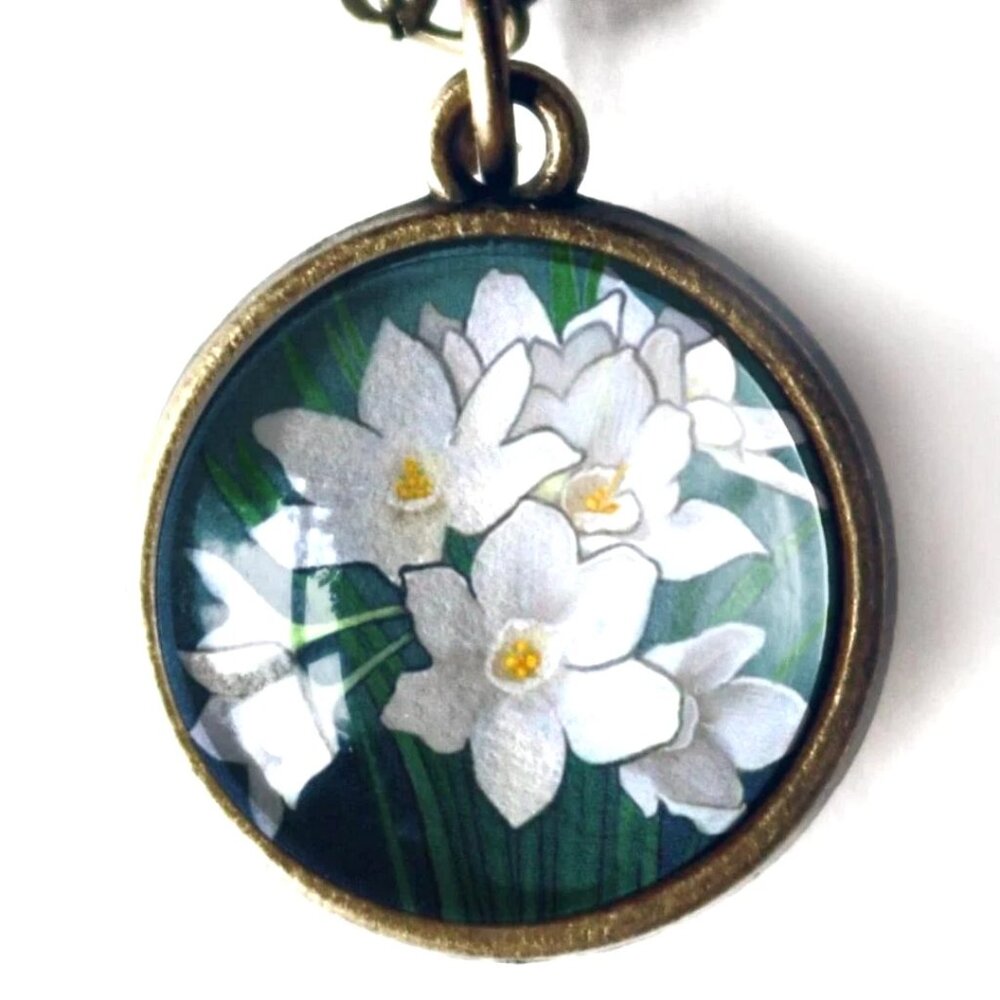 Paperwhite‎ Narcissus Flower Pendant Necklace - Bronze & Glass Cabochon Jewelry